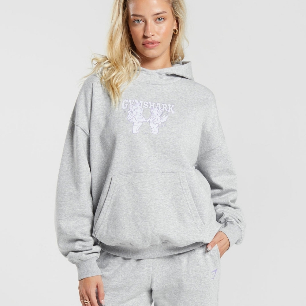 Gymshark Cherub Graphic Hoodie Womens XS Gray Oversized Lifting Pullover Sweater